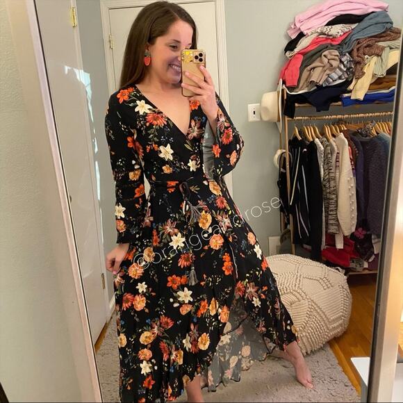 FARM Rio Brazil Black Floral Wrap Front Long Sleeve Maxi Dress Tropical XS - Picture 12 of 16